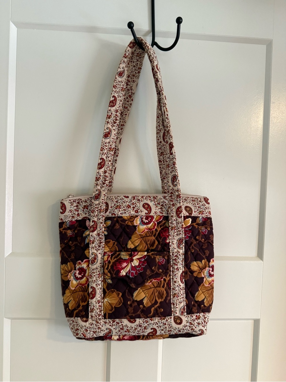 Quilted Floral Tote Bag in Brown and Cream - Women Bags